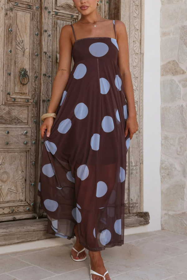 Polka Dot Print Mesh Spaghetti Strap Square Neck Vacation Maxi Dress