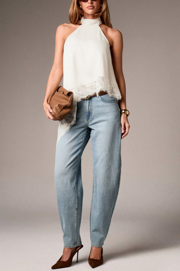 Solid Color Satin Sleeveless Lace Hem Loose Top