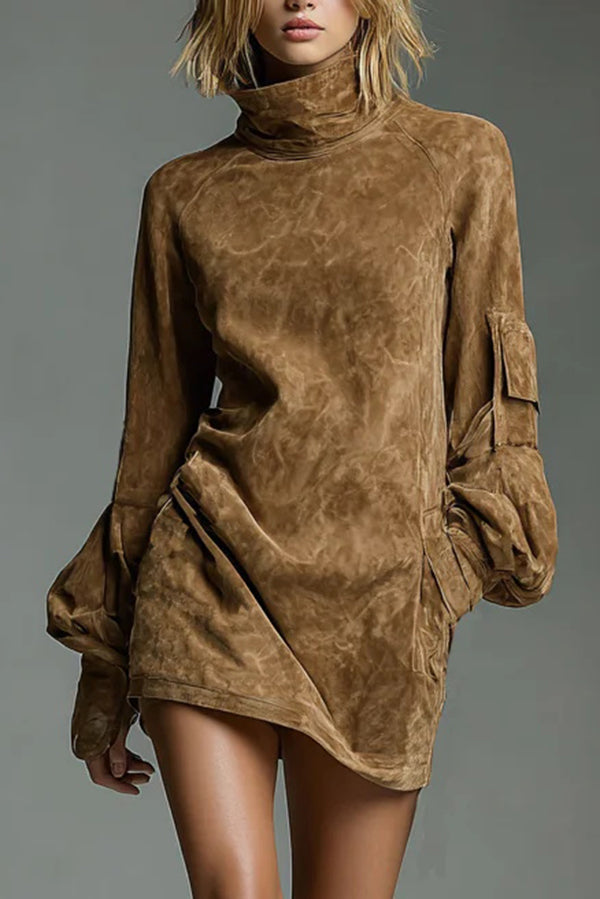 Stylish Suede High-Neck Long-Sleeved Casual Pocket Mini Dress-consonak
