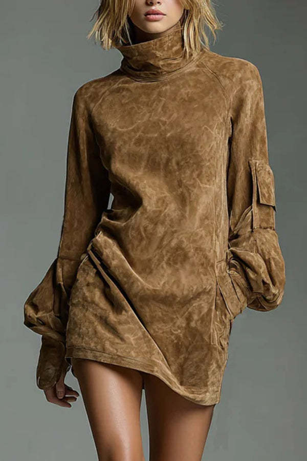 Stylish Suede High-Neck Long-Sleeved Casual Pocket Mini Dress-consonak