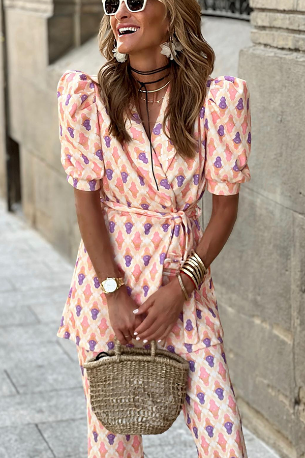 Fresh Colors Puff Sleeve Belted Lapel Blazer and Elastic Waist Flare Pants Set-consonak