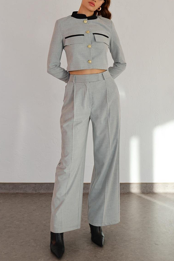 Stylish Contrasting Cropped Long Sleeve Top and Pocket Straight Leg Pants Set-consonak