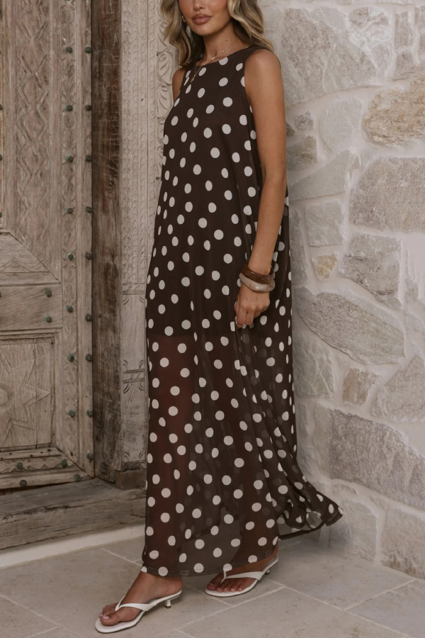 Polka Dot Print Loose Round Neck Sleeveless Mesh Casual Maxi Dress | Consonak