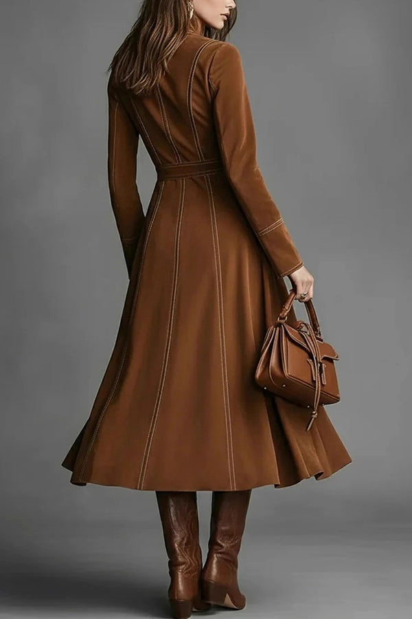 Stylish Suede Long-sleeved Fitted Waist Belted Midi Dress-consonak