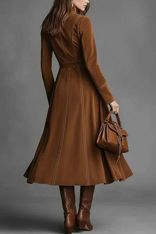 Stylish Suede Long-sleeved Fitted Waist Belted Midi Dress-consonak