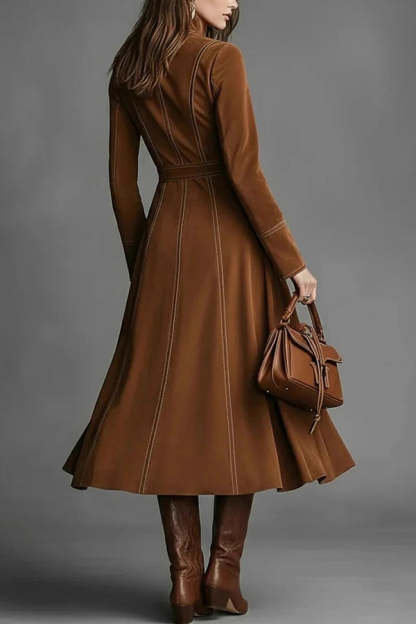 Stylish Suede Long-sleeved Fitted Waist Belted Midi Dress-consonak