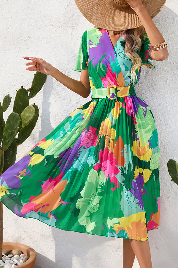 Paulette Contrast Floral Print Belted Pleated Midi Dress-consonak