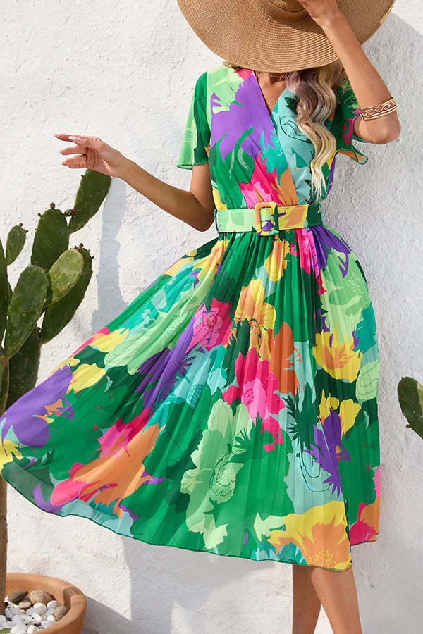 Paulette Contrast Floral Print Belted Pleated Midi Dress-consonak