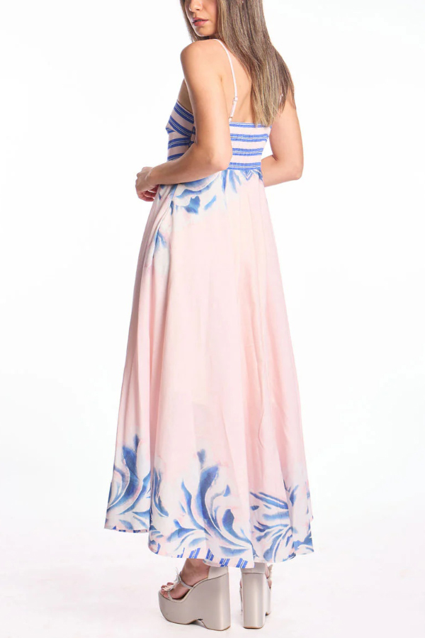 Unique Print Square Neck Spaghetti Strap Back Gathered Maxi Dress