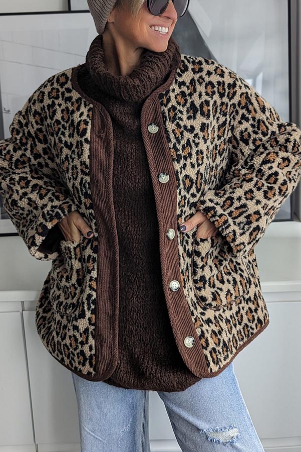Warm Feel Colorblock Leopard Print Plush Button Up Pocketed Teddy Jacket-consonak