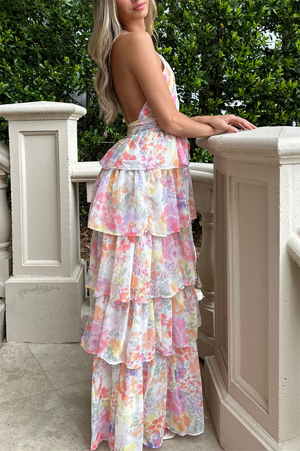Harmony Floral Print Tiered  Ruffle Cross Halter Backless Vacation Maxi Dresses-consonak
