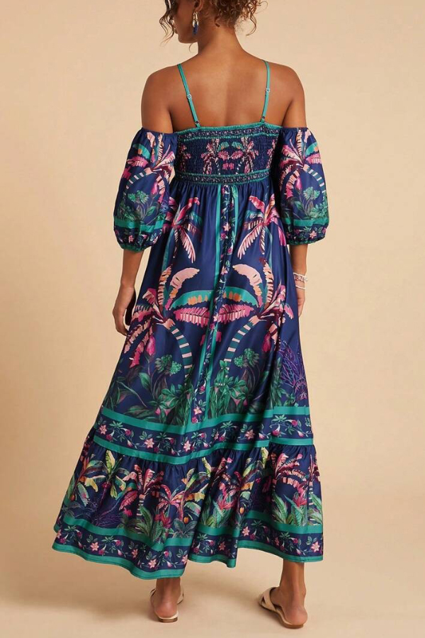 Coconut Tree Print Off-shoulder Half Sleeve Casual Vacation Maxi Dress