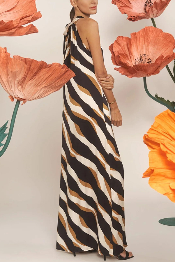 Uptown Cafe Satin Color Block Print Tie-up Neck Maxi Dress-consonak