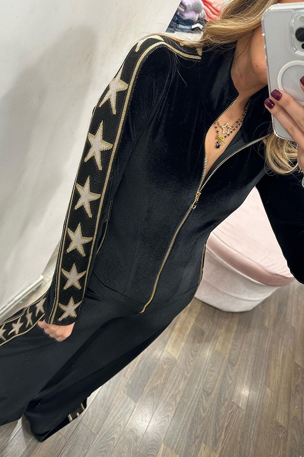 Star-print Velvet Patchwork Zipped Wide-leg Jumpsuit(ONE SIZE DOWN)