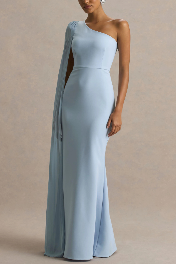 Solid Color Slanted Neckline Pleated Slim-fitting Elegant Maxi Dress