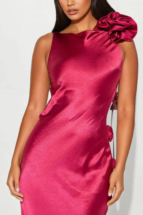 Satin Floral Embellishment Backless Elegant Slim-fit Maxi Dress-consonak