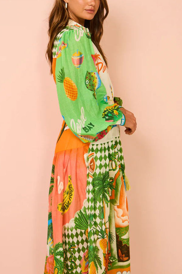 A World of Colour Unique Print Balloon Sleeve Belt Shirt Midi Dress-consonak