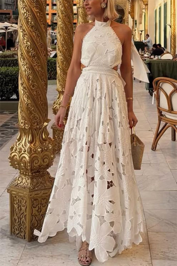 Sevilla Sun Embroidery Crochet Flowers Cutout Waist Halter Backless Maxi Dress-consonak