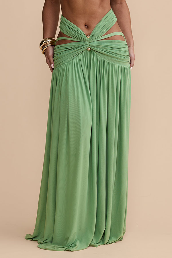 Martina Stretch Mesh Gold Metal Detail Gathered Cutout Waist Vacation Maxi Skirt-consonak