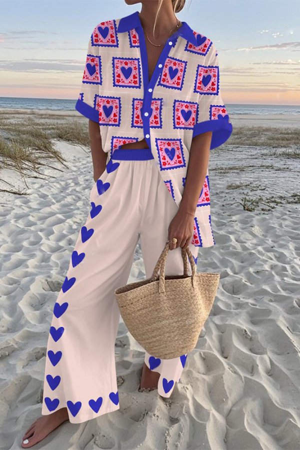 Purple Heart-print Oversized Shirt and Elastic Waist Pocket Pants Set-consonak