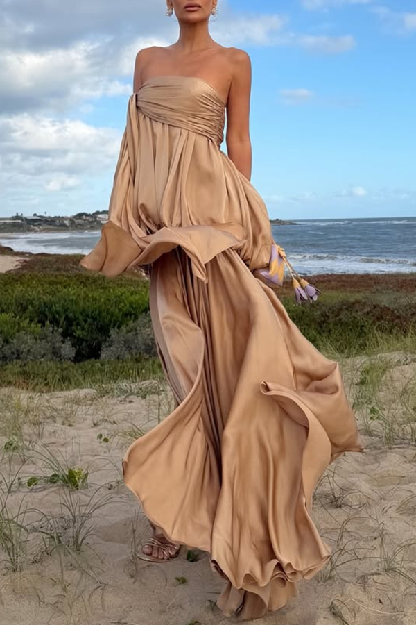 Flowing Fantasy Satin Pleated Bubble Design Strapless Drape Maxi Dress