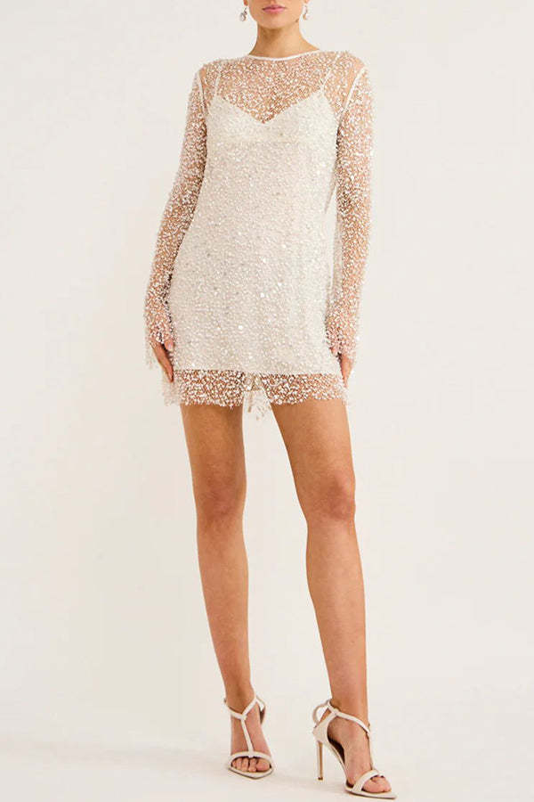Sparkle and Shine Sequins and Pearls Fabric Mini Dress with Separate Slip-consonak