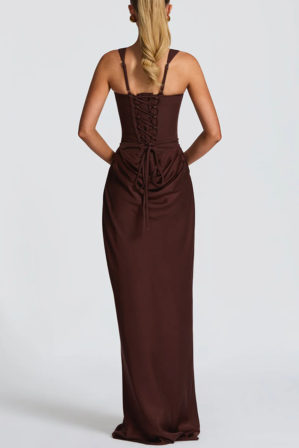 Larrah Square Neck Back Lace-up Satin Drape Hem Maxi Dress-consonak