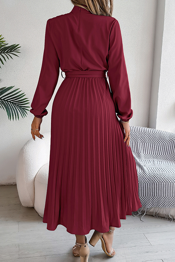 Elegant Stand-collar Long-sleeve Waisted Tie-up Pleated Midi Dress-consonak