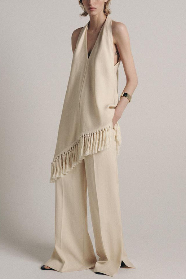 Kortnie Linen Blend Tassel Hem Halter A-line Top and High Rise Pocket Wide Leg Slit Pants Set-consonak