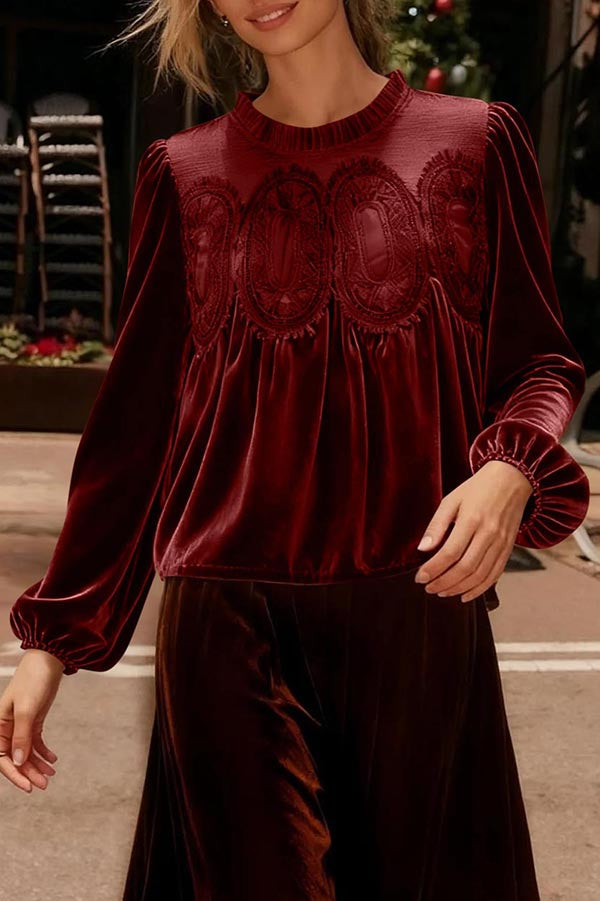 Fashionable Velvet and Lace Patchwork Loose Long-sleeved Top-consonak
