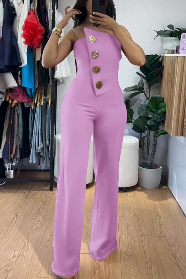 Solid Color Sexy Tube Top Gold Button Embellished Bootcut Jumpsuit-consonak