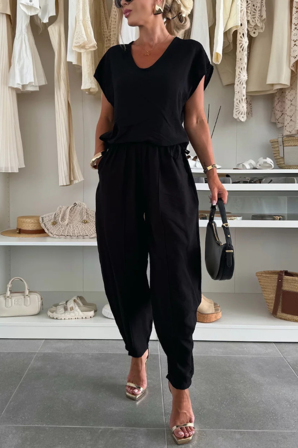 Linen Blend Solid Color V-neck Short-sleeved Top and Elastic Waist Pocket Bloomers Pants Set