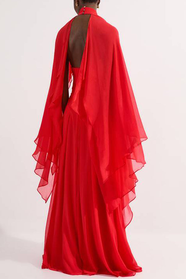 Spring Enchantment Chiffon Crinkle Cross Front Drape Scarf Maxi Dress