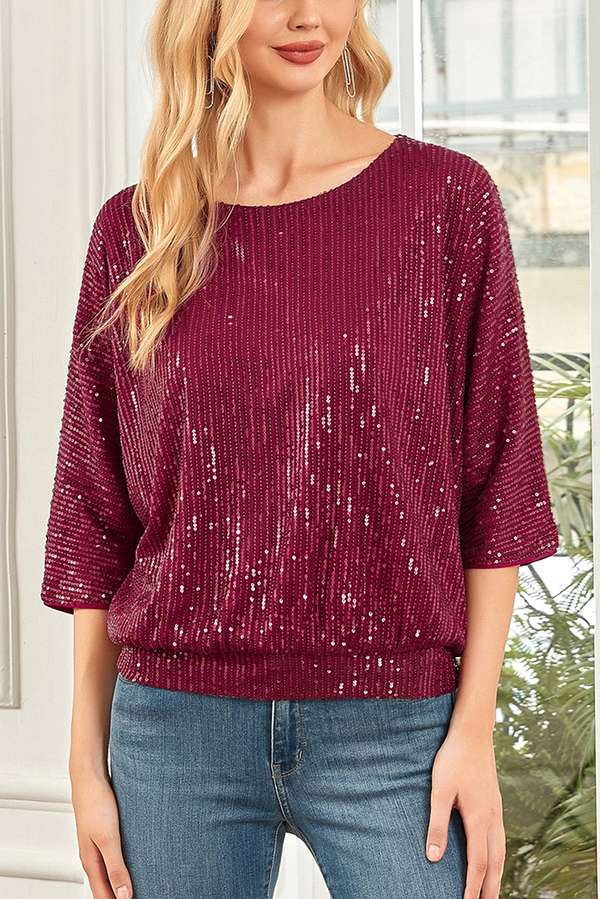 Solid Color Sequined Loose Round Neck Casual Top-consonak