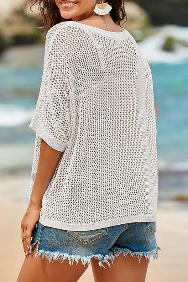 Floral Jacquard Loose-fitting Round Neck Short-sleeved Casual Knitted Cover-up-consonak