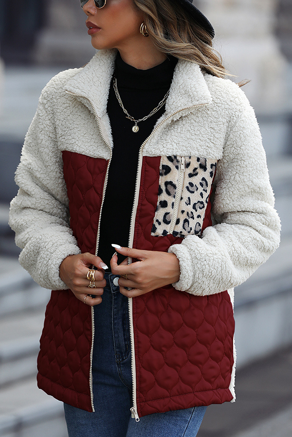 Casual Patchwork Plush Long Sleeve Leopard Print Pocket Loose Zipper Jacket-consonak