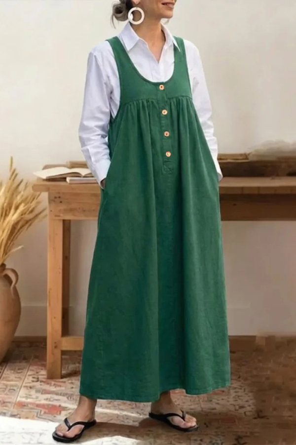 Solid Color Loose Sleeveless Button Pocket Casual Maxi Dress