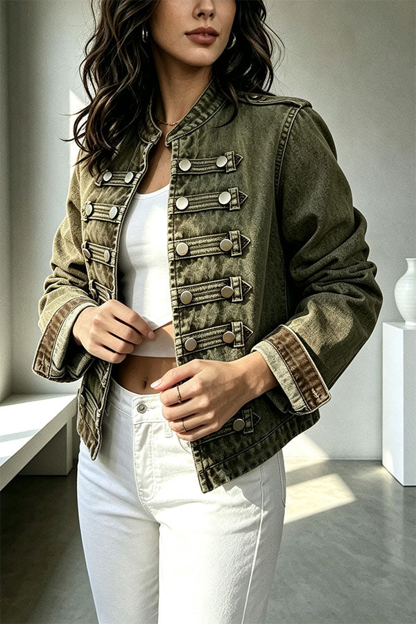 Napoleon-style Denim Stand Neck Metal Buttons Long Sleeve Jacket-Consonak