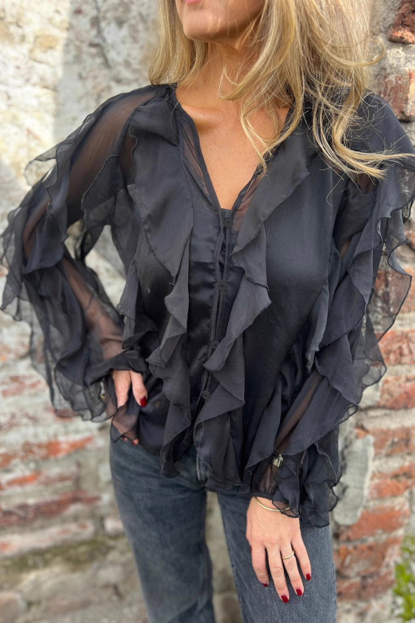 Solid Color Chiffon Ruffled V-neck Patchwork Top-consonak