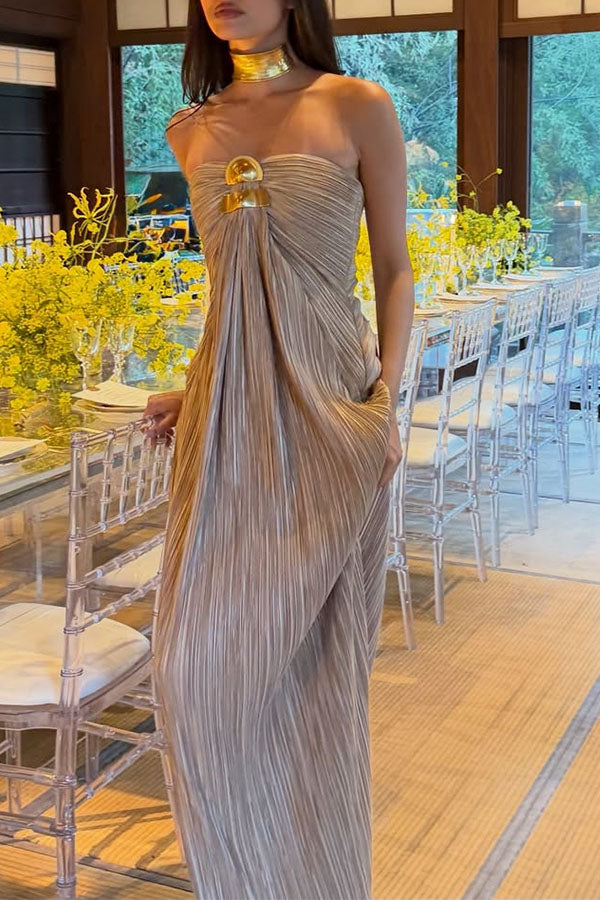 Golden Hour Metallic Pleated Strapless Maxi Dress-Consonak