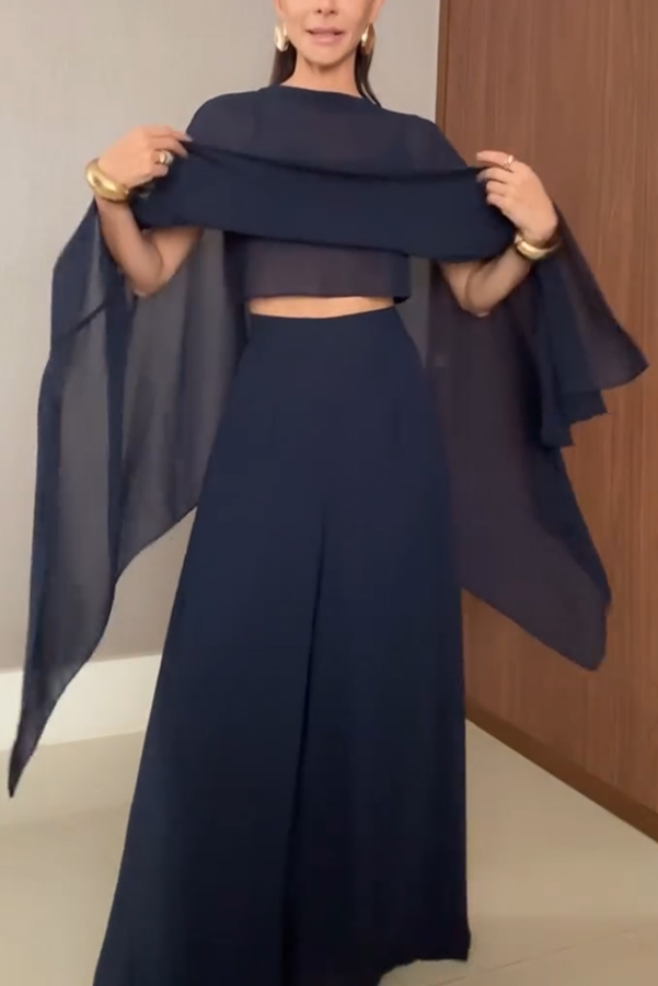 Veronica Chiffon Cape Flowing Top and Elastic Waist Wide-Leg Pants Set-consonak