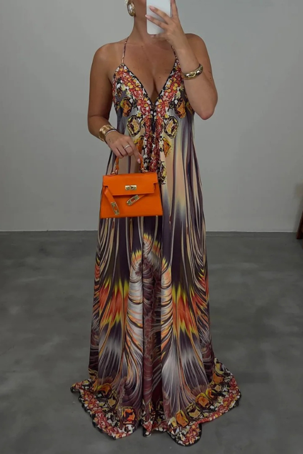 Bohemian Style Unique Print Sleeveless Backless Loose Maxi Dress