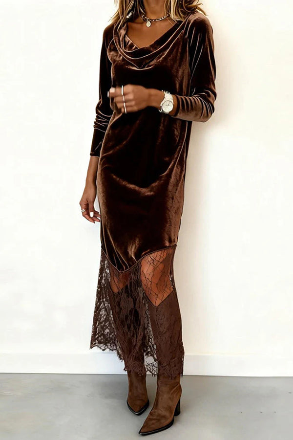 Stylish Velvet and Lace Patchwork Long-sleeved Elegant Maxi Dress-consonak
