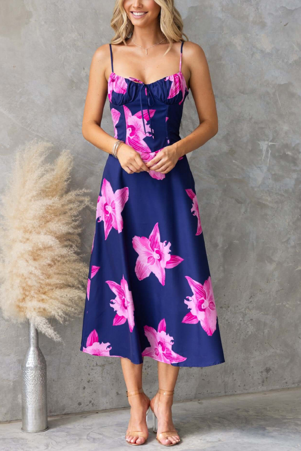 Floral Print Spaghetti Strap Backless Tie-up Elegant Slim-fit Midi Dress-consonak