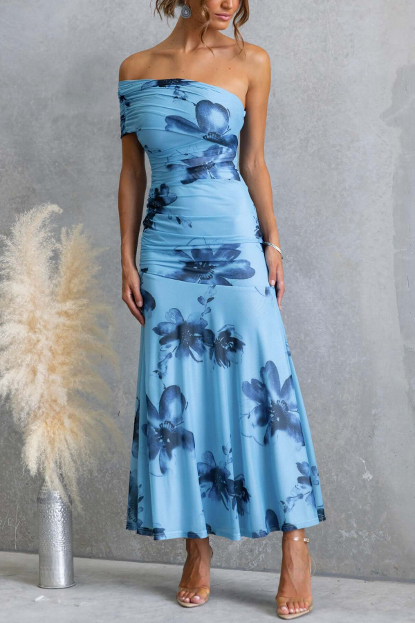 Floral Print Elegant Mesh Off-shoulder Fitted Maxi Dress-consonak