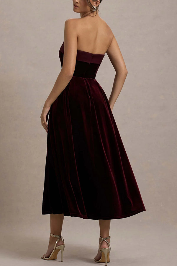 Center of Attention Velvet Satin Neck Bandeau Pleated Midi Dress-consonak