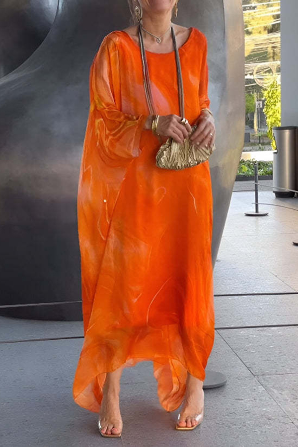 Unique Printed Crew Neck Loose Resort Style Maxi Dress-consonak