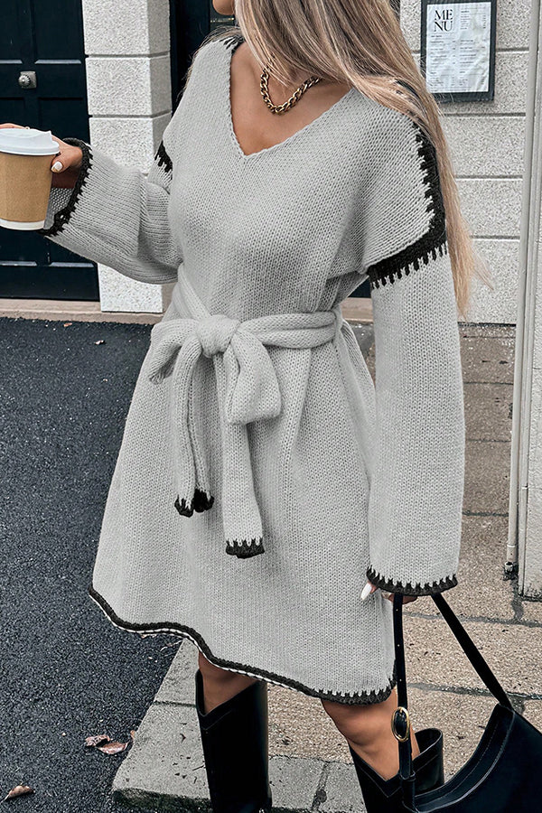Stylish Loose-fitting Long-sleeved Tie-waist Knit Mini Dress-consonak