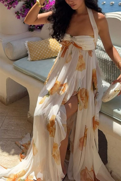 Romance and Freedom Floral Print Ruffles Halter Backless Slit Maxi Dress-consonak