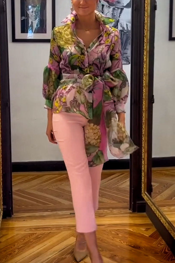 Seeds of Happiness Tulle Floral Print Balloon Sleeve Belt Blouse-consonak